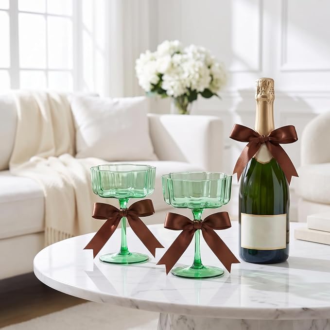 Flower Scalloped Vintage Wavy Petals Wave Glass Coupes 7oz Colorful Martini, Champagne & Cocktails, 2 Sage Green Set Amber Rippled Champagne Glasses, Elegant Bar Glassware, Aesthetic Coupe Glassware - Image 6
