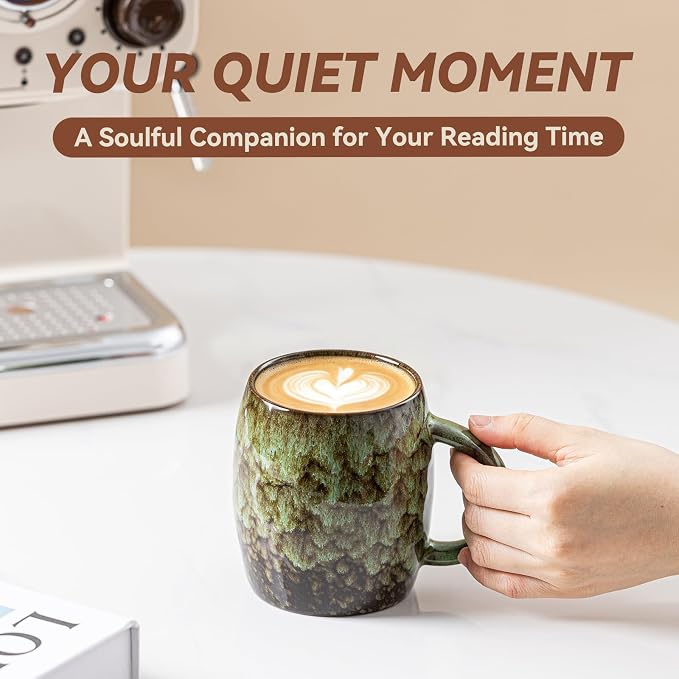 Unique Reactive Glaze Ceramic Coffee Mug - 14 oz Large Coffee Cup with Ergonomic Handle, Forest Green Ceramic Mug for Office & Home, Great Birthday Gift for Women, Men & Friends, Microwave Safe - Image 4