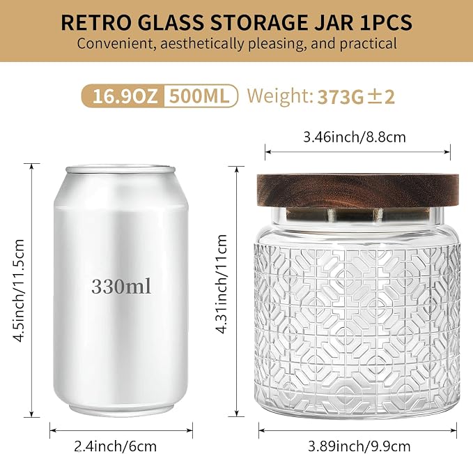 1Pc 17oz Window Style Vintage Glass Candy Jar with Solid Wood Lid, Kitchen Storage Canister for Sugar, Coffee, Tea, Cookies, Bath Salt - Decorative Mason Jar (1, Clear, 17oz) - Image 2