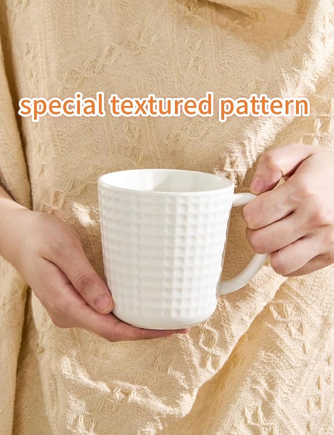 15 oz Ceramic Coffee Mugs Set of 6, White Waffle Embossed Coffee Cups | Coffee Cups with Large Handle, Coffee Mugs for Latte, Cappuccino & Hot Cocoa, Dishwasher & Microwave Safe, Housewarming Gift - Image 3