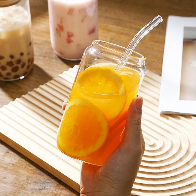 glass 16 ounces (approximately 453.6 grams), 1 glass with lid and straw - coffee cup, water, beer, cute tea, gift -1 cleaning brush, 2 straw