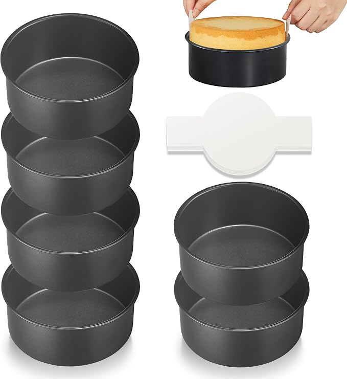 6 Inch Cake Pans for Baking, Round Small Layer Cake Pan Set with 120 Pieces Parchment Paper, Nonstick Circle Cheesecake Tin, 4 Pieces, Heavy Duty - Grey by HONGBAKE