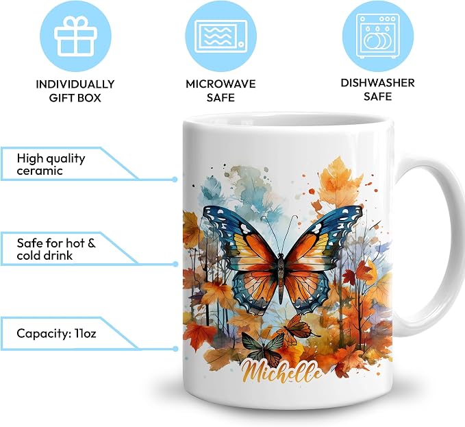 Hyturtle Personalized Fall Butterfly Maple Leaves Coffee Mug, Autumn Décor | Birthday Gifts For Butterfly Lovers - Gift Ideas For Farmhouse Thanksgiving - Custom Name 11oz White Ceramic Coffee Tea Mug - Image 3