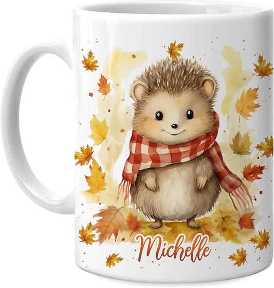 Hyturtle Personalized Fall Hedgehog Maple Leaves Mug, Fall Autumn Décor | Birthday Gifts For Hedgehog Lovers - Gift Ideas For Farmhouse Thanksgiving - Custom Name 11oz White Ceramic Coffee Tea Mug by Hyturtle