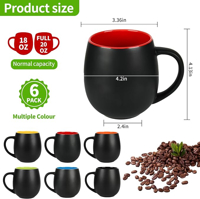 BYCNZB 20oz ceramic Coffee Mug Sets Matte Black Porcelain Mug Multiple colors Cups for Coffee, Tea, Juice, Cocoa Set of 6 (20oz) - Image 2