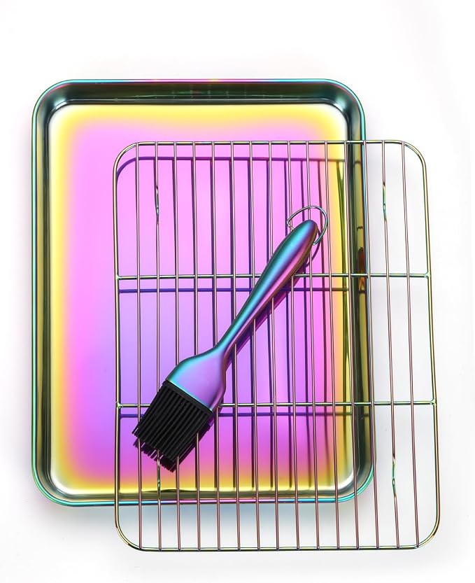 DOCBLACK Baking Sheet with Wire Rack and Silicone Pastry Basting Brush Set, Stainless Steel Cookie Sheet Baking Tray & Cooling Rack & Silicone Food Brush for Cooking and Oven, Dishwasher Safe-Rainbow by BOCBLACKKITCHENACCESSORIES