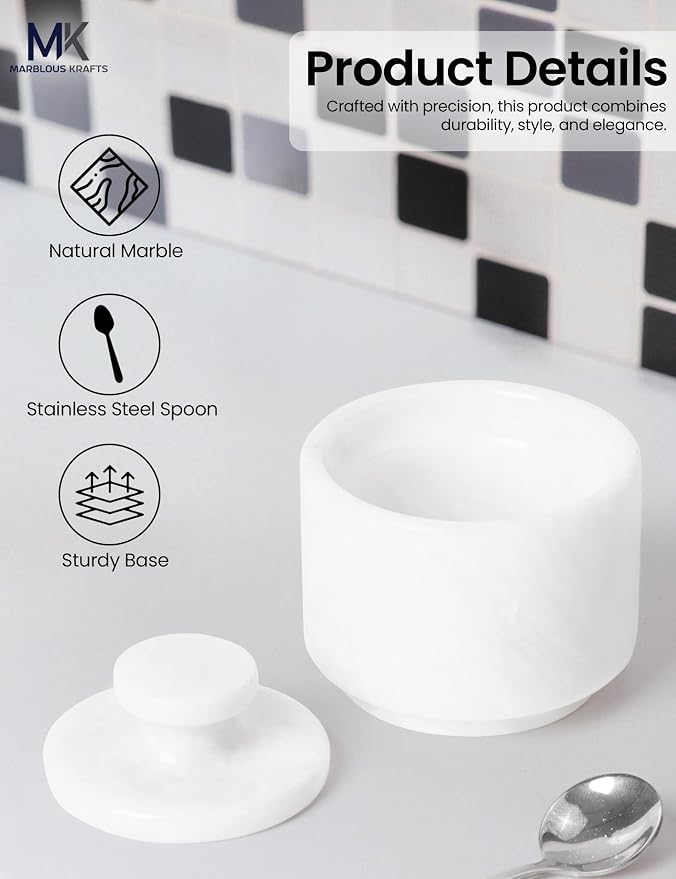 MARBLOUS KRAFTS Marble Salt Cellar 3" Inch White Celtic Salt, Seasoning Containers for Kitchen Decor, Set of 2 Spice Jars, Countertop Storage, Sugar Bowl with Lid and Spoon, Ideal Gift for New Home - Image 5
