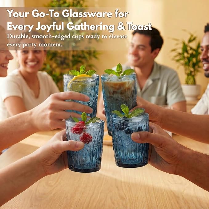 Blue Drinking Glasses Set of 12, 12 Oz Highball & 10 Oz Cocktail Glasses, Blue Kitchen Vintage Glassware Set, Floral Embossed Glass Tumbler Cups for Beer, Juice, Whiskey, Coffee(Snow) - Image 4