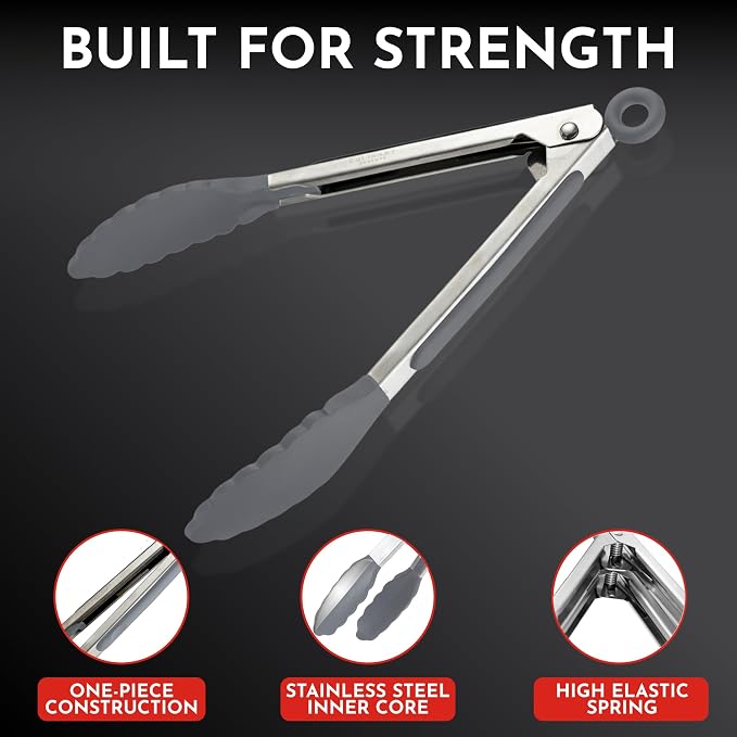 Kitchen Tongs - 12, 9 & 7 Inch Locking Silicone Tongs for Cooking, Set of 3 | Grey Tongs with Silicone Tips, Heat Resistant Tongs for Grilling, Serving, Mixing - Image 4