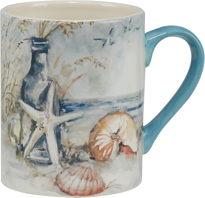 Coastal Landscape 16 oz. Ceramic Mugs – Set of 4 Assorted Beach Designs with Starfish, Shells & Ocean Bottles – Seaside Coffee Cups for Tea, Hot Cocoa, or Gifting – Blue Handle Accent (Pack of 3) - Image 3