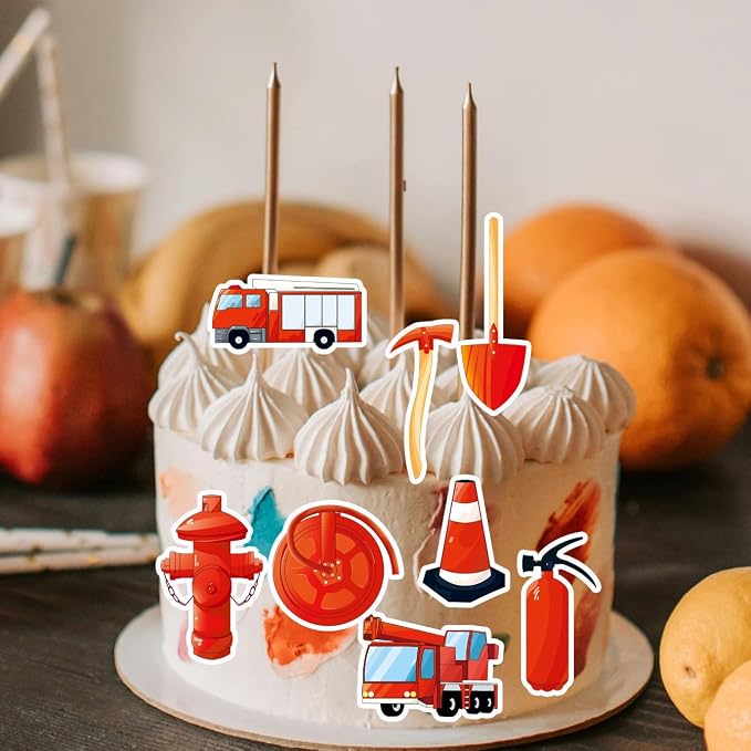 Fireman Themed Edible Wafer Paper Cake & Cupcake Toppers 80pcs Firefighter Decorations for Kids Birthday Party Fire Truck, Helmet, Flame, Fire Hydrant Designs Easy Cake Decorating Supplies - Image 5