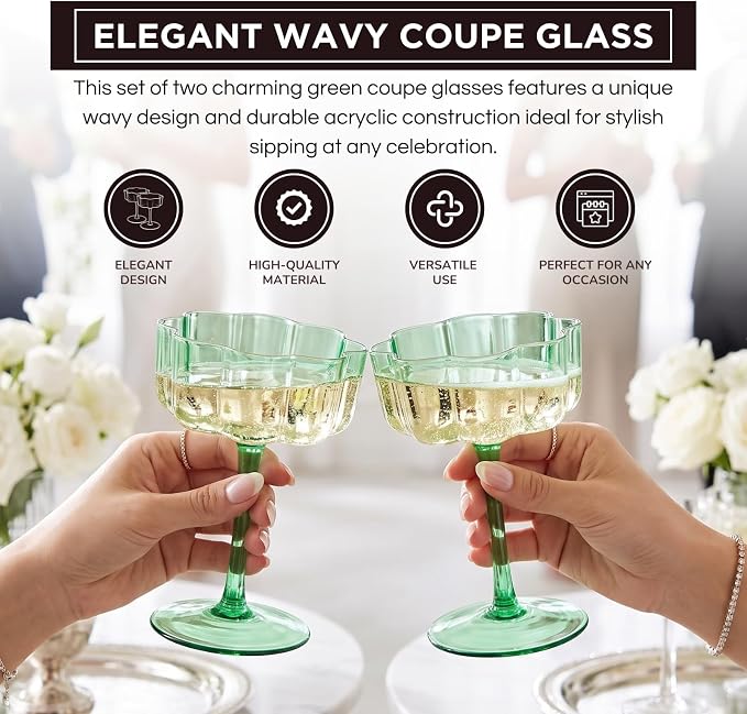 Flower Scalloped Vintage Wavy Petals Wave Glass Coupes 7oz Colorful Martini, Champagne & Cocktails, 2 Sage Green Set Amber Rippled Champagne Glasses, Elegant Bar Glassware, Aesthetic Coupe Glassware - Image 4