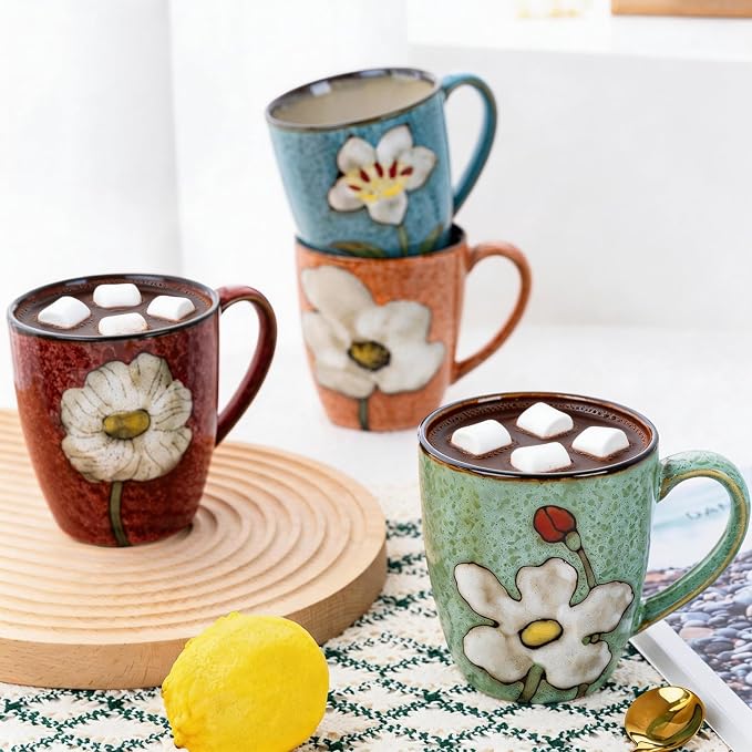 12oz Coffee Mugs Set of 4, Hand-Painted Floral Stoneware Cups with Handle, Dishwasher Microwave Oven Safe, Cappuccino Mugs for Latte, Tea, Espresso & Hot Cocoa, for Home Kitchen & Cafe, Mix - Image 7