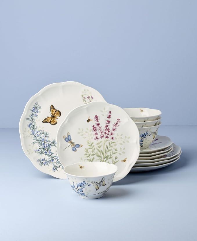 Lenox Porcelain Dinnerware Sets For 4, Butterfly Meadow Herbs 12-Piece Dinnerware Set, Service For 4, Microwave Safe Plates, White Dinner Plates and Bowls Sets, Dishes, Kitchen and Dining (12 Piece) - Image 2