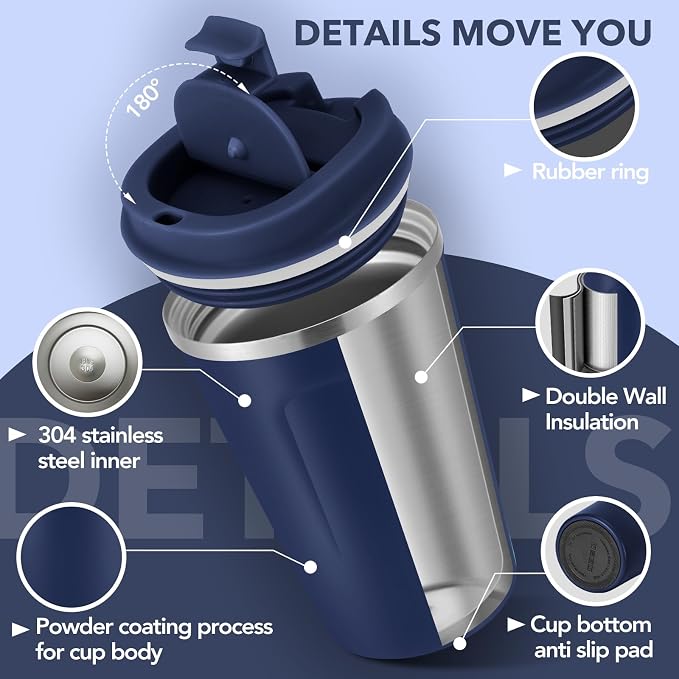 Volhoply 12 oz Double Wall Insulated Vacuum Travel Coffee Mug with Flip Lid Bulk 8 Pack,Reusable Stainless Steel Leak Proof Coffee Cup,Portable Cafe Thermal Tumblers for Hot & Cold Drinks(Navy,8 Set) - Image 4