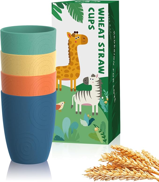Homienly Plastic Cups Alternative Wheat Straw Drinking Glasses 4-Pack | 12 oz Unbreakable & Reusable Plastic Cups, Microwave Safe | Everyday Kids Tumblers & Kitchen Accessories (Multi-Color) by HOMIENLY