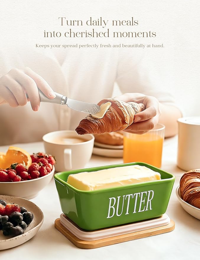 Ceramic Butter Dish with Lid and Knife & Silicone Seal for Countertop Green | Suitable Capacity, Great Sealing, Home Decor Kitchen Gift Housewarming Gift - Image 5