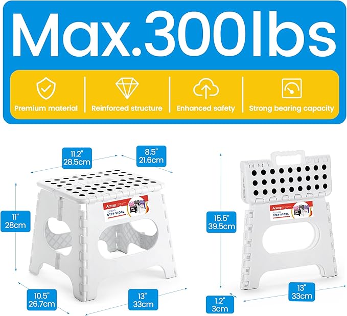 ACSTEP 11 Inch Folding Step Stool for Kids, Non-Slip Foldable Stools, White | Heavy Duty Collapsible Foot Stool, Lightweight with Built-in Handle, Holds 300 lb for Adults Kitchen Bathroom Bedroom Outdoor - Image 4