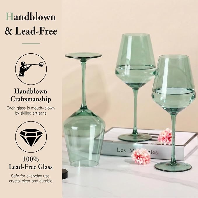 Green Wine Glasses Set of 6, Handblown Colored Wine Glasse,Green Coloful Glassware，17OZ for Red or White Wine - Image 3