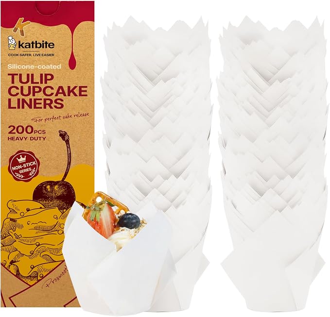 Katbite Tulip Cupcake Liners 200PCS, Standard Size Muffin Baking Cups White | Unbleached Greaseproof Food-Grade PFAS-Free 40 GSM ProSmooth Paper, No Fade Thick Bottom Wrappers for Party, Christmas, Gift by katbite