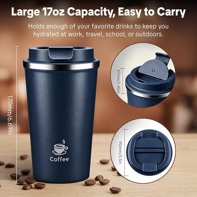 17oz Travel Coffee Mug ,Leakproof Vacuum Coffee Cup Insulated Tumbler | 304 Stainless Steel, Double-Wall Vacuum Insulated, Leakproof, Fits Hot & Cold Drinks Car Cup Holders, Travel, Office - Image 3