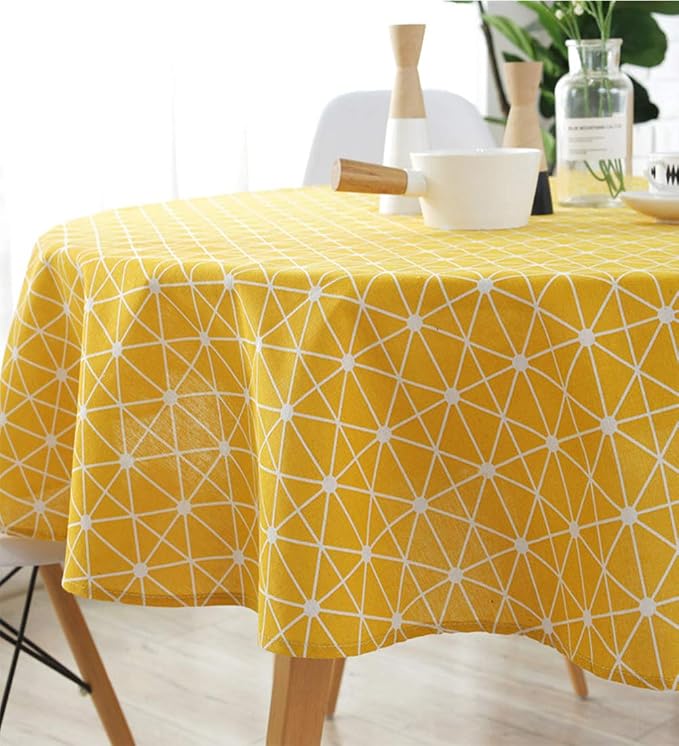meioro Yellow Boho Table Cloth Round Cotton Linen Nordic Twill Tablecloths Wrinkle Free Fabric Checkerboard Stripe Table Cloths Rustic Cover for Kitchen Dining Party Outdoor Picnic(Round 47 Inch) - Image 5
