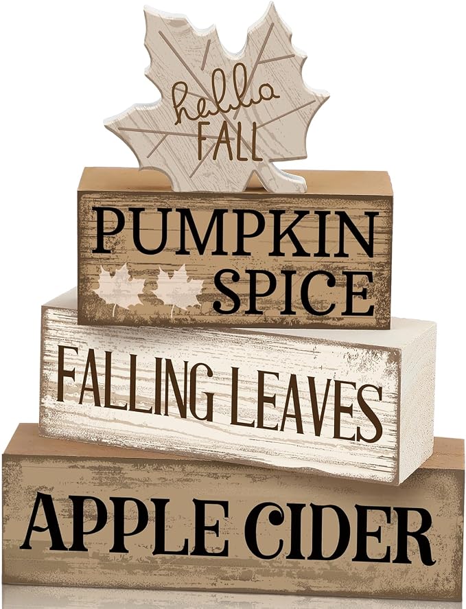 Moucuny 4 Pcs Neutral Fall Table Decor for Home Maple Leaf Wooden Blocks | Thanksgiving Tiered Tray Decor, Brown and White Rustic Maple Leaf Block Signs Gift Fall Centerpiece for Harvest Home Kitchen by Moucuny