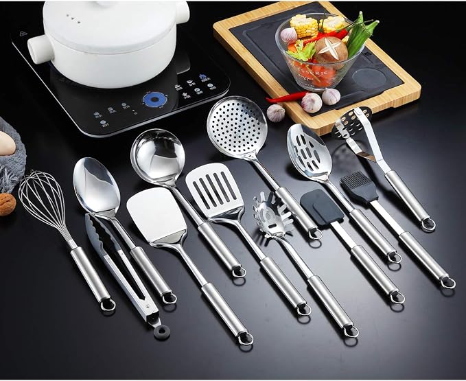 Berglander Cooking Utensil Set 12 Piece Stainless Steel Kitchen Tool Set, Include Cooking Spoon, Spatula, Whisk, Cooking Tong and etc (12 Pieces) - Image 4