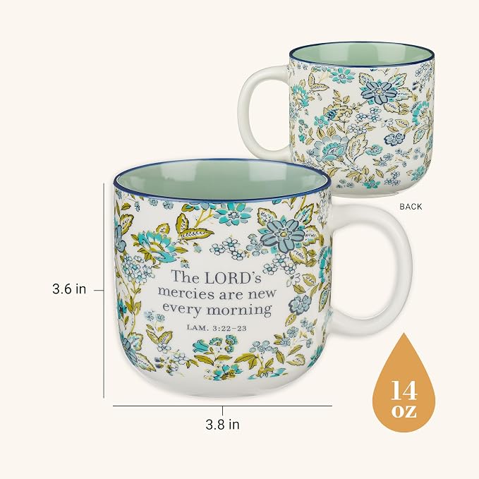 Christian Art Gifts Large Novelty Inspirational Microwave & Dishwasher Safe Ceramic Coffee & Tea Mug for Women: Meries are New Encouraging Scripture, Easy Hold Handle, White & Teal Blue Floral, 14 oz - Image 2