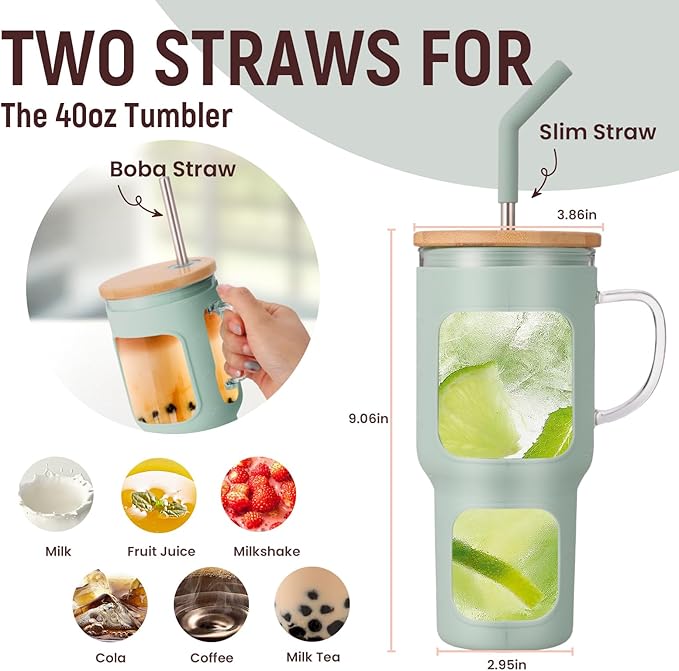 COMOOO 40oz Glass Tumbler with Bamboo Lid and Straw, Olive