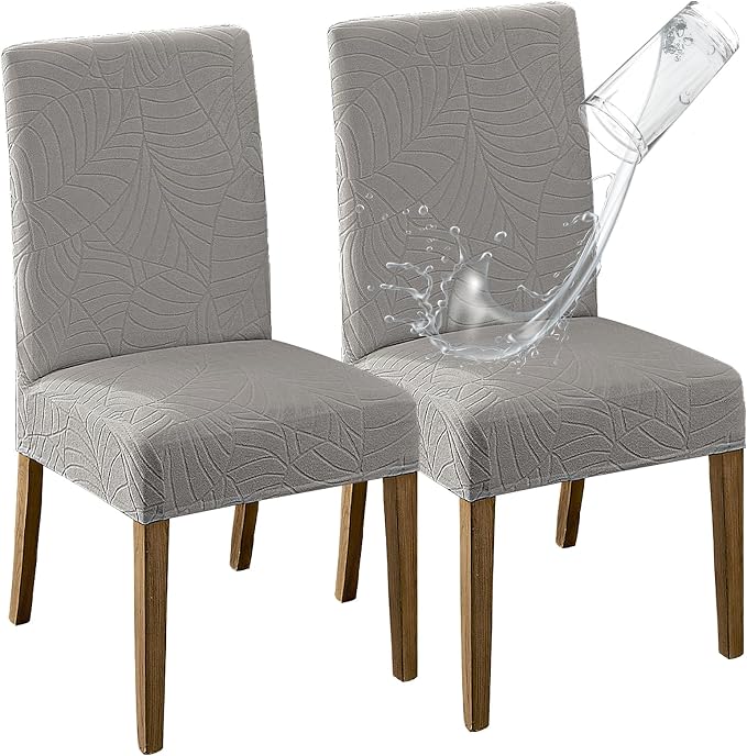 MOSAYT 100% Waterproof Dining Room Chair Covers Set of 2, Super Fit Stretch Jacquard Parson Chairs Slipcovers Removable Washable Chair Seat Protectors for Home, Kitchen, Banquet (Light Grey) by MOSAYT