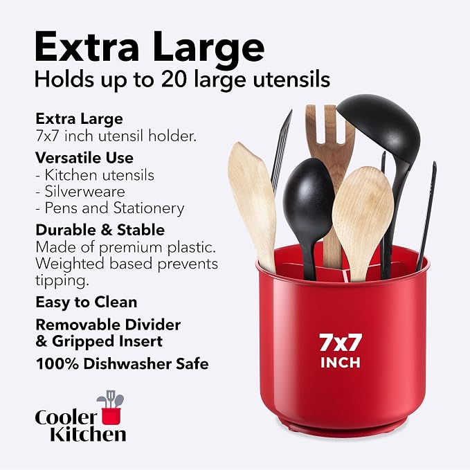 Extra Large Rotating Red Utensil Holder with Sturdy No-Tip Weighted Base, Removable Divider, and Gripped Insert | Rust Proof and Dishwasher Safe Kitchen Utensils Holder by Cooler Kitchen 7*7 Inches - Image 5