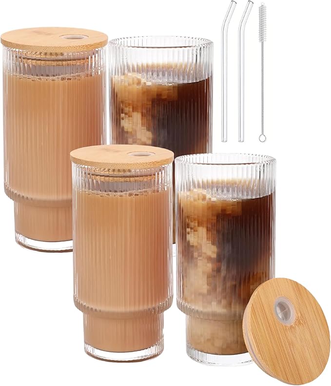Glass Cups with Lids and Straws - 16 oz Iced Coffee Cups, Vintage Ribbed Drinking Glasses with Bamboo Lids, Glass To-Go Cup, Party, Tumbler for Juice, Beer, Coffee, Milk, Cocktail, Water (4 Pack)