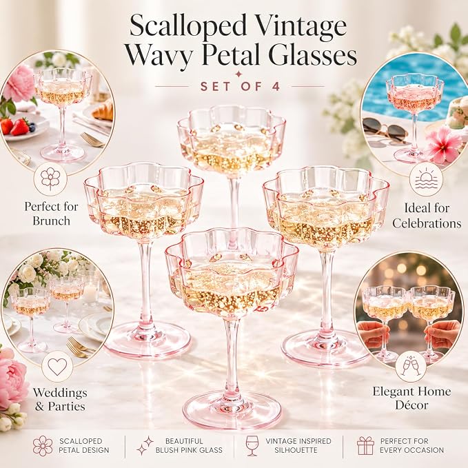Flower Scalloped Vintage Wavy Petals Wave Glass Coupes 7oz Colorful Martini, Champagne & Cocktails, 4 Set Pink Rippled Champagne Glasses, Elegant Bar Glassware, Unique Aesthetic Coupe Glassware Gifts - Image 9