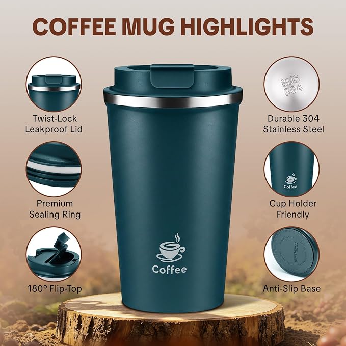 17oz Travel Coffee Mug ,Leakproof Vacuum Coffee Cup Insulated Tumbler | 304 Stainless Steel, Double-Wall Vacuum Insulated, Leakproof, Fits Hot & Cold Drinks Car Cup Holders, Travel, Office - Image 4