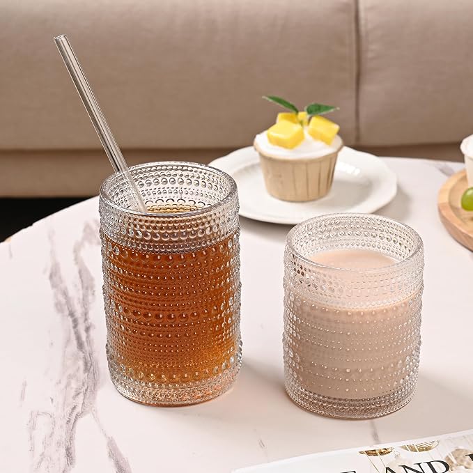 ZMOWIPDL Drinking Glasses Set of 12,Clear 12oz & 15oz Hobnail Glass Cups | Vintage Glassware，Embossed Water Tumbler,for Beer,Cocktail,Whiskey,Juice and Various Mixed Drinks- 1 Cleaning Brush - Image 4
