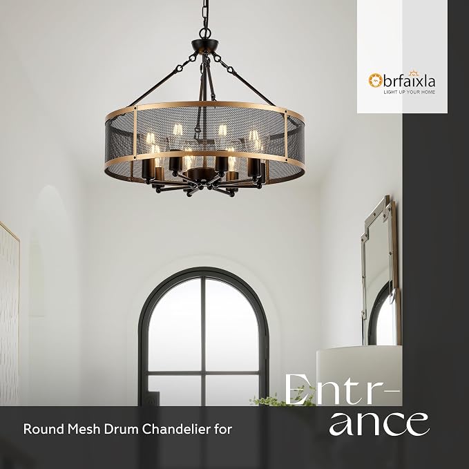 Modern 23" Large Black Gold Mesh Drum Chandelier for Dining Room Industrial Retro Semi Flush Mount 4-Light Round Ceiling Light Fixtures for Kitchen Bedroom Living Room Hallway Entryway Foyer - Image 5