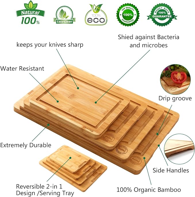 Wooden Cutting Boards for Kitchen-Bamboo Cutting Board Set(Small & Extra Large),Wood cutting board set,Heavy Duty Wooden Chopping boards set of 4, w/6x Utensils 1xCanvas bag -11Pcs Gift Pack - Image 7