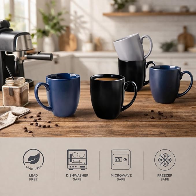 AmorArc 16oz Coffee Mugs Set of 6, Large Ceramic Coffee Mugs for Men Women Dad Mom, Modern Coffee Mugs with handle for Tea/Latte/Cappuccino/Cocoa. Dishwasher&Microwave Safe, Matte Black - Image 4