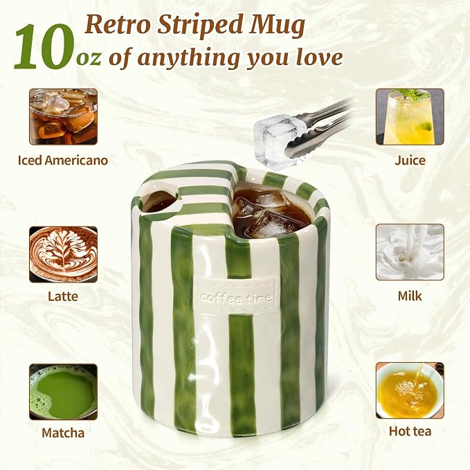 10 oz Ceramic Coffee Mug with Sip Hole & Silicone Sleeve, Green | Cute Hand-Painted Striped Porcelain, Gift for Coffee Lover, Cold & Hot Drinks, Microwave & Dishwasher Safe - Image 5