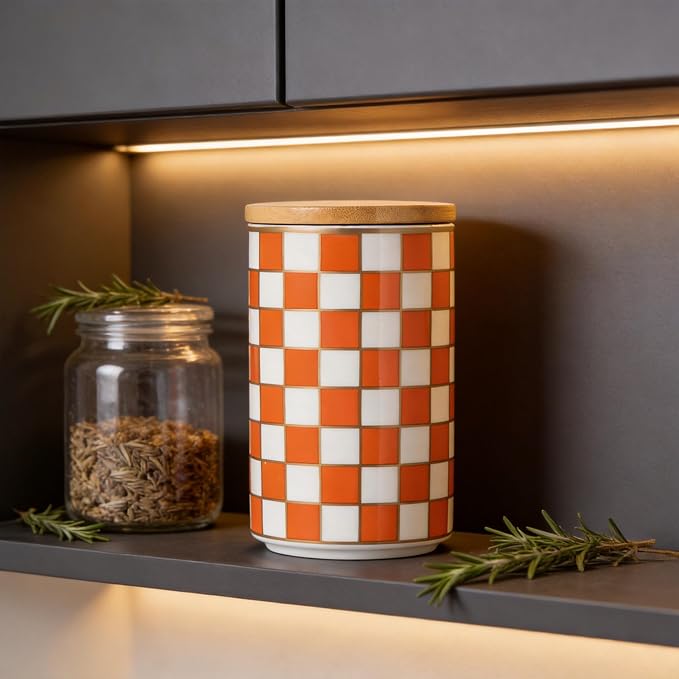 Kitchen Countertop Ceramic Checkered Canisters,Black And White Food Storage Containers With Lid,Airtight Kitchen Canisters for Flour, Sugar, Coffee, Tea, and Dry Goods (Orange, Large) - Image 6