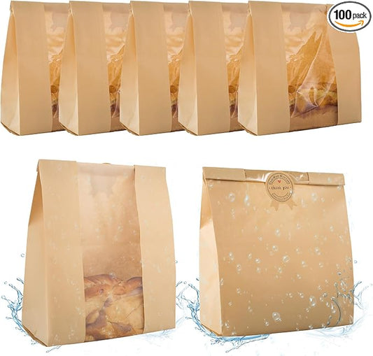 100 Pcs Bread Bags for Homemade Bread with Window & 120 Sealing Stickers | Food-grade kraft paper (13.7x8.2x3.7in), tear, water & grease resistant. Ideal for cookies, snacks, bagel and bread storage. by YMTLJHDSY