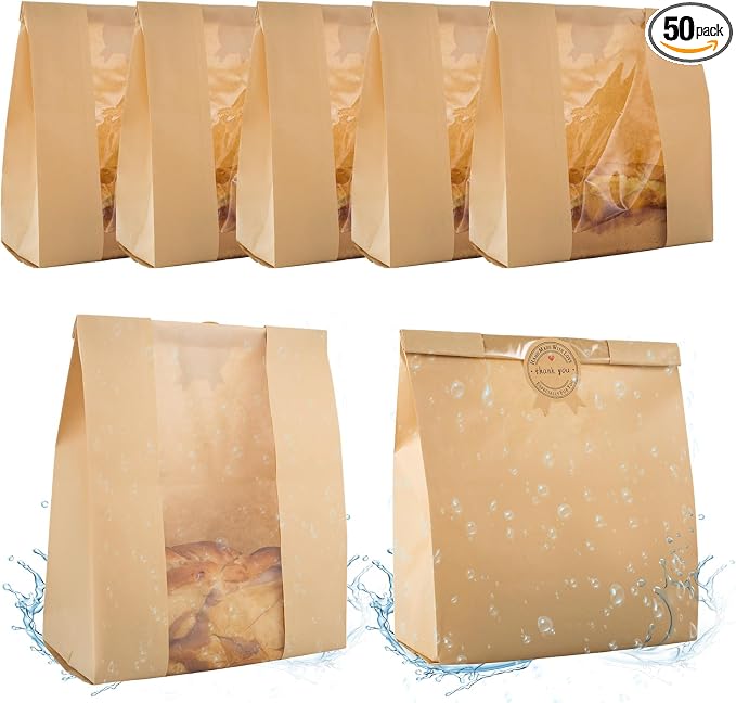 50 Pcs Bread Bags for Homemade Bread with Window & 60 Sealing Stickers | Food-grade kraft paper (13.7x8.2x3.7in), tear, water & grease resistant. Ideal for cookies, snacks, bagel and bread storage. by YMTLJHDSY