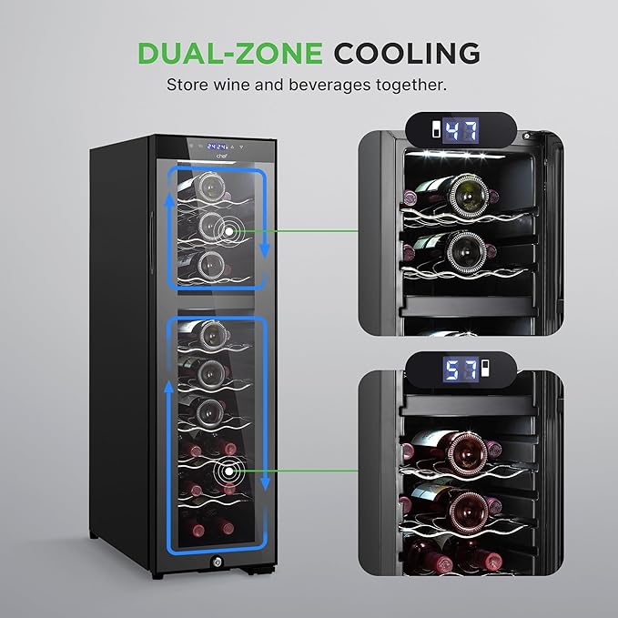 NutriChef 24 Bottle Wine Fridge | Dual Zone Chiller | Adjustable Temperature 41°F to 64°F | Ultra Quiet Operation | Wine Cooler for Home, & Office | FreeStanding 39x11x23 in (Black)