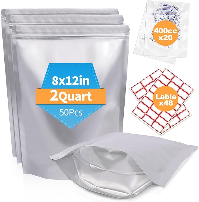 50PCS 2Quart 8"X12" Mylar Bags for Food Storage with Oxygen Absorbers&Lables,10 Mil Thick Resealable Stand-Up Zipper&Heat Sealable Vacuum Sealing Pouches for Long Term Food Storage by NexLevVac