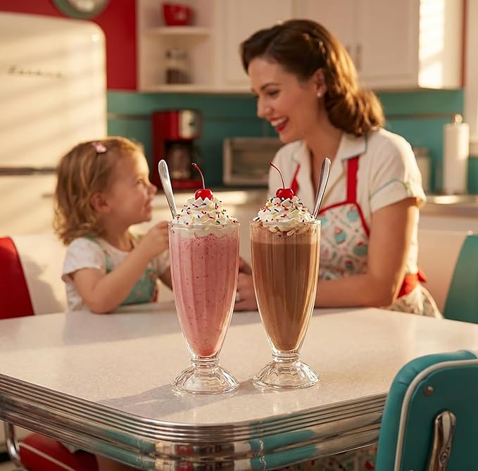 Cedilis Set of 6 Milkshake Glass, 12oz Old Fashion Sundae Cups, Retro Ice Cream Float Glasses, Heavy Base Soda Fountain Glassware with 6 Long Stainless Steel Spoons - Image 7
