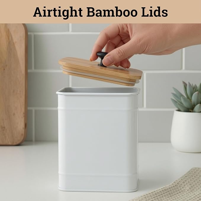 Kitchen Canisters for Countertop Set of 4 w/ Chalkboard Labels & Marker Pen | Airtight Easy Open Bamboo Lids, Dent-Resistant Thick Metal, Customizable Chalkboard Labels, Marker Pen Included, Set of 4 - Image 4