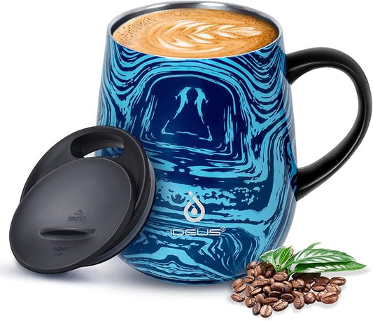 Ideus 16 oz Insulated Coffee Mug with Handle and Lid, Double Wall Stainless Steel Vacuum Thermal Coffee Mug, Travel Coffee Cup Thermal Cup for Home and Office, Blue Zebra by IDEUS