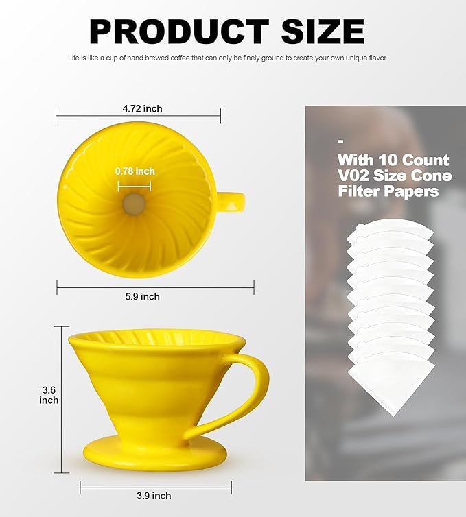 Pour Over Coffee Dripper - Ceramic Pour Over Cone, Porcelain Coffee Maker with 10Pcs Size 02 Paper Filter, Manual Brew Maker for Home, Cafe, Office - 1-4Cup, V60 Size 02 (Yellow)
