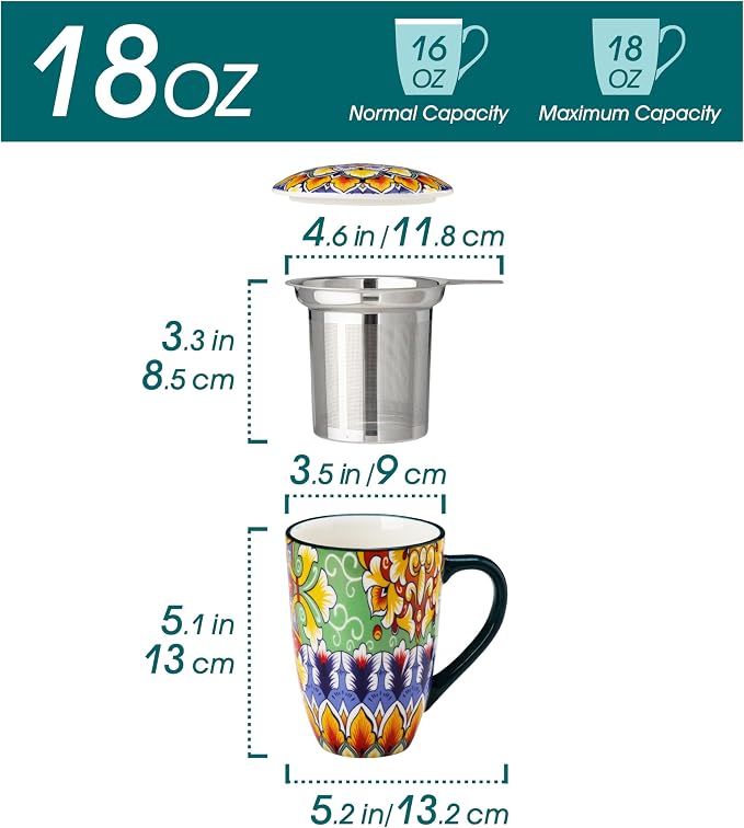 vancasso Ceramic Tea Mug with Infuser and Lid, 18 Ounce Bohemian Loose Leaf Cup, Microwave & Dishwasher Safe, Perfect for Tea, Coffee, Lime-Green Fiesta - Image 2
